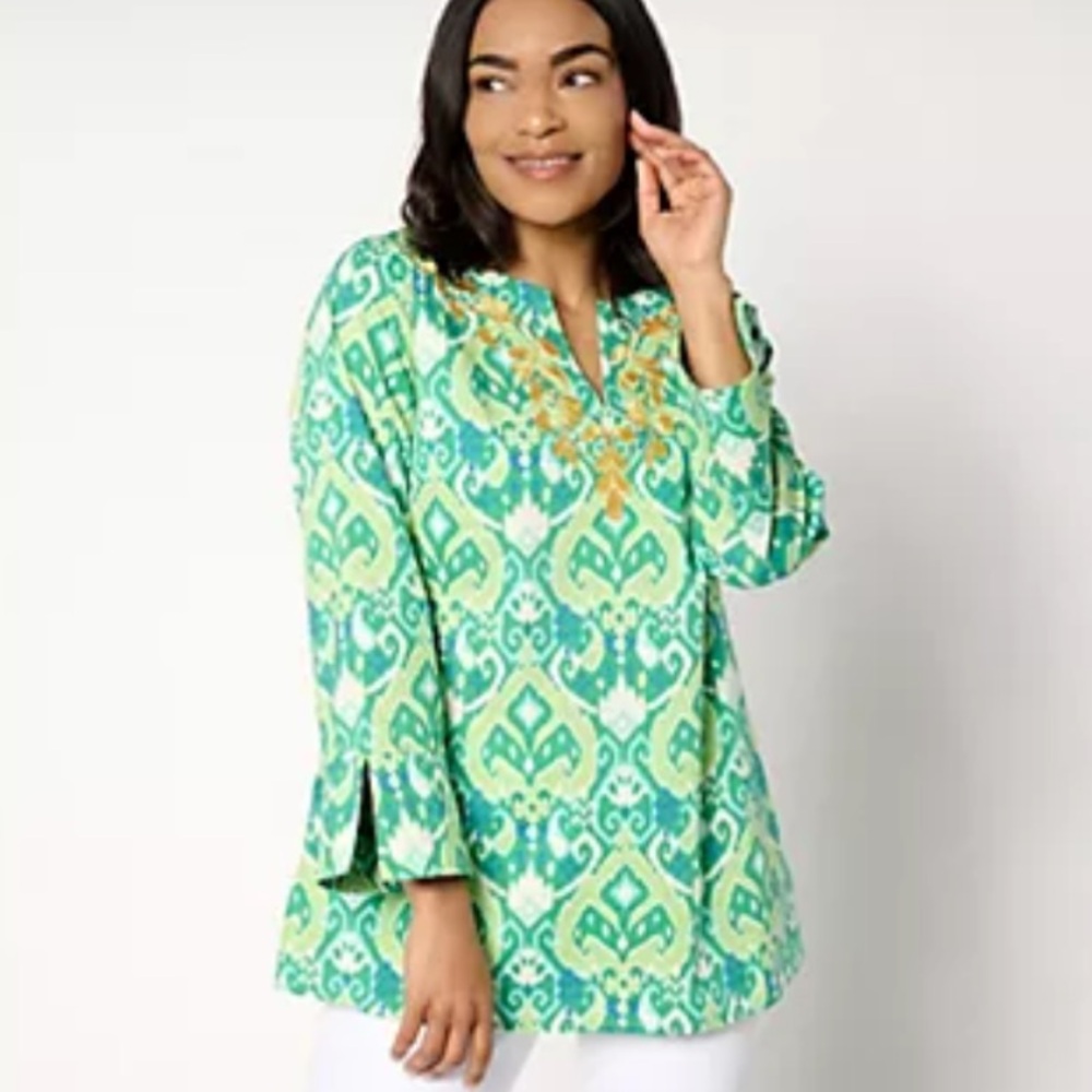 Bellisima Kim Gravel Women's Ibiza Ikat Soutache Tunic Top Green Plus Size 3X